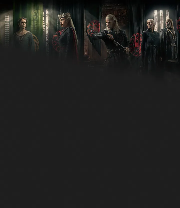 Sob fundo escuro, alguns dos personagens principais da série Casa do Dragão, um conteúdo exclusivo da Max.